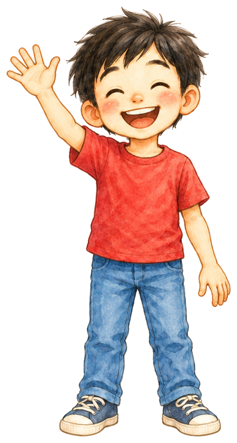 The kid from the videos, laughing and waving